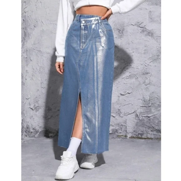 Zara Metallic Denim Maxi Skirt